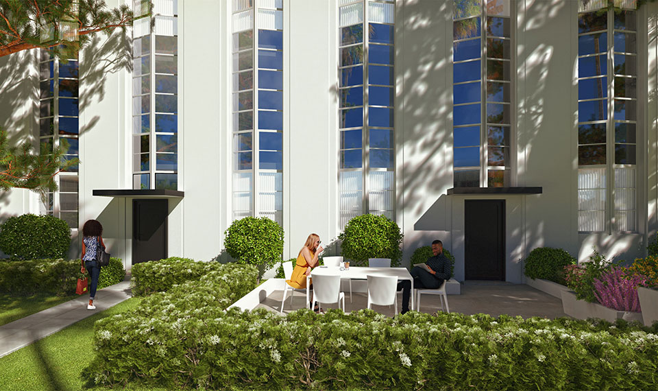 Rendering of people sitting at an outdoor table and another person walking toward an entrance of the Wilshire Mullen main building